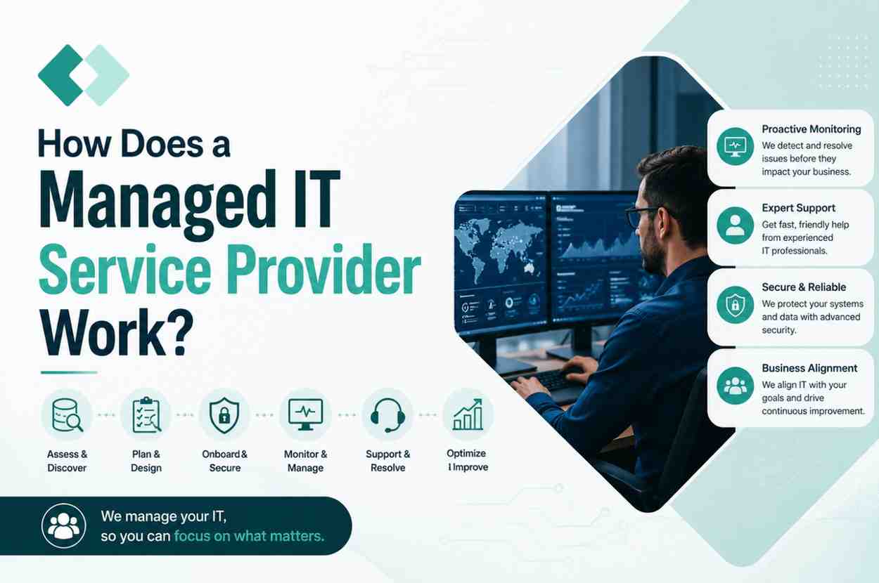 Professional thumbnail illustrating how a Managed IT Service Provider (MSP) works, featuring the OneUp Networks logo, an IT professional monitoring business systems, and the managed service delivery process from onboarding to ongoing IT support.