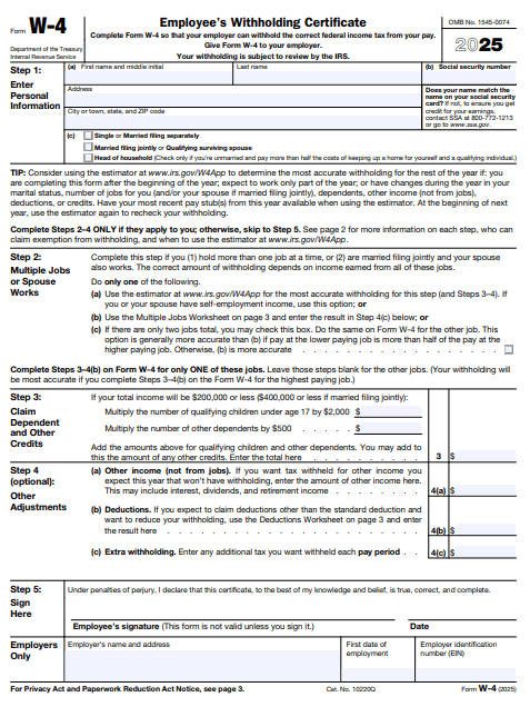 W-4 IRS tax form for 2025