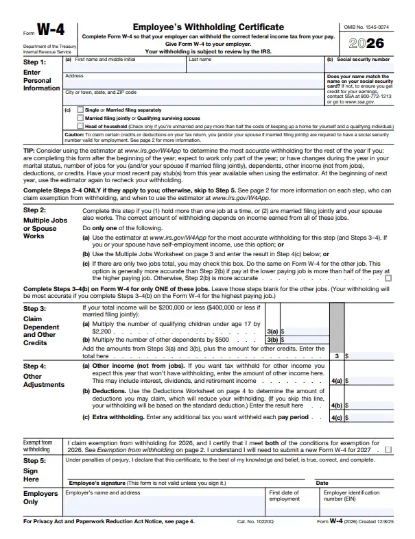W-4 IRS tax form for 2026