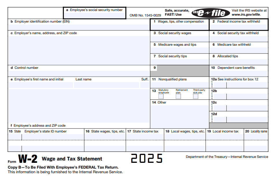 W-2 IRS tax form for 2025