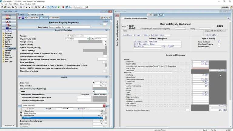 UltraTax CS input screen with calculated tax form and diagnostics panel