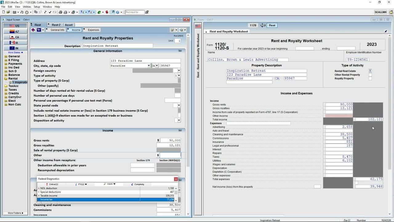 UltraTax CS input screen with calculated tax form and diagnostics panel