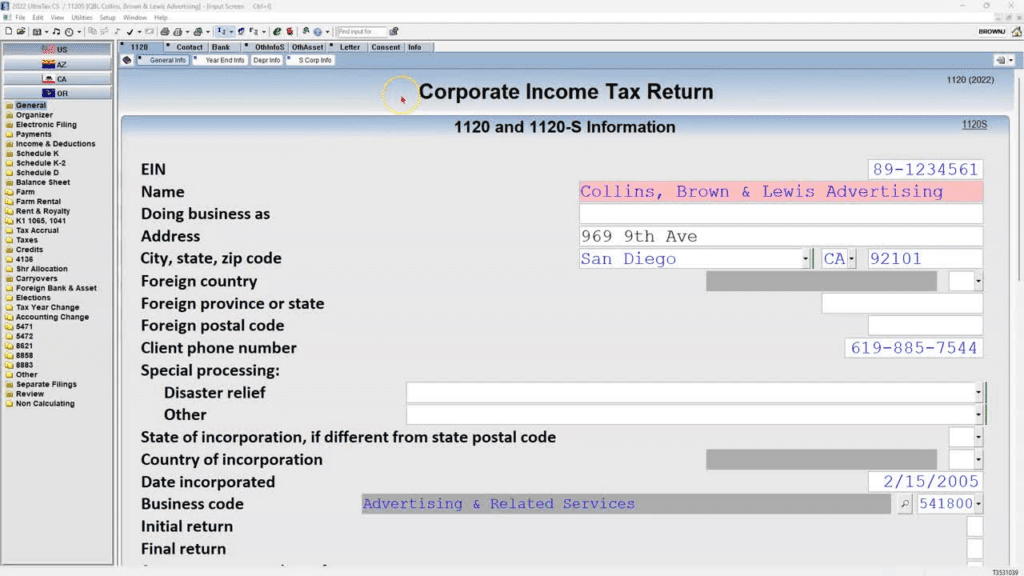 UltraTax CS corporate return input screen with color-coded tax data