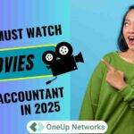 Young female accountant pointing at the text '15 Best Movies Accountants Must Watch in 2025', emphasizing essential finance and accounting films.