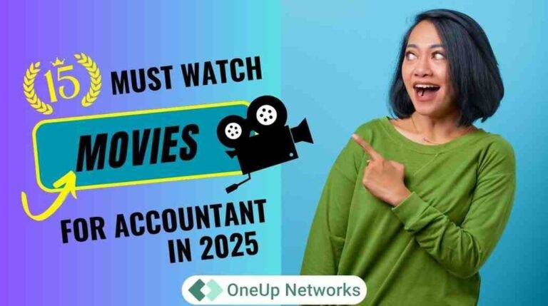 Young female accountant pointing at the text '15 Best Movies Accountants Must Watch in 2025', emphasizing essential finance and accounting films.