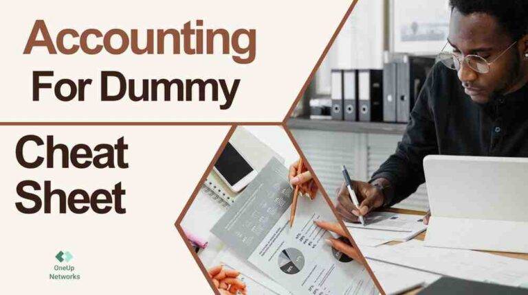 A focused man working at a desk, reviewing documents labeled "Accounting for Dummies Cheat Sheet"