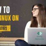 Girl using a laptop with the text "How to Run Linux on Windows" displayed beside her.