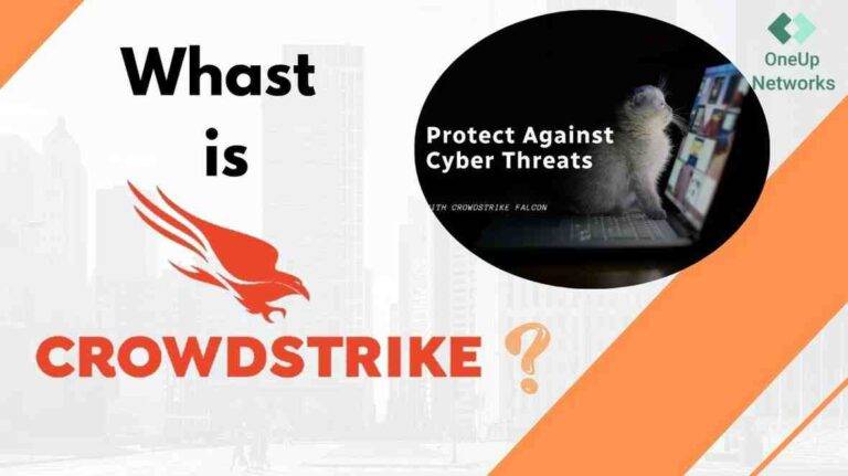 A cat watching a laptop with the text “What is CrowdStrike?” and “Protect Against Cyber Threats” written on the left side of the cat.