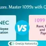 Graphic comparing 1099-NEC “Non-Employee Compensation” with 1099-MISC “Rent, Royalties, and Other Payments,” featuring a “VS” circle in the center and the text “Simplify Taxes. Master 1099s with QuickBooks” at the top.