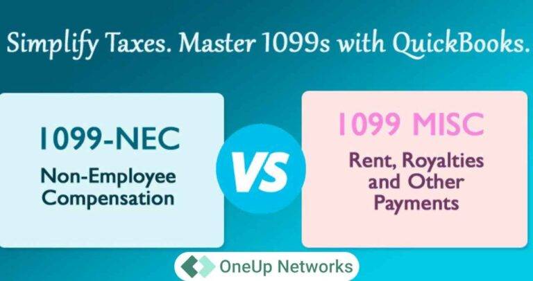 Graphic comparing 1099-NEC “Non-Employee Compensation” with 1099-MISC “Rent, Royalties, and Other Payments,” featuring a “VS” circle in the center and the text “Simplify Taxes. Master 1099s with QuickBooks” at the top.