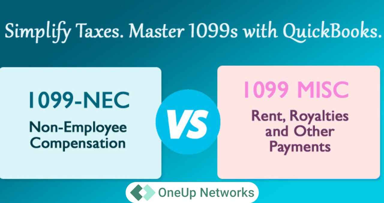 Graphic comparing 1099-NEC “Non-Employee Compensation” with 1099-MISC “Rent, Royalties, and Other Payments,” featuring a “VS” circle in the center and the text “Simplify Taxes. Master 1099s with QuickBooks” at the top.
