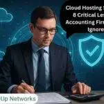 Accountant at desk with cloud icons and shield, illustrating secure cloud hosting and data protection, with OneUp Networks logo in the bottom right corner.