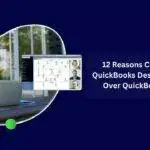 Young woman using a laptop at a wooden desk, facing the screen, with text on the right side reading “12 Reasons CPAs Choose QuickBooks Desktop on Cloud Over QuickBooks Online.