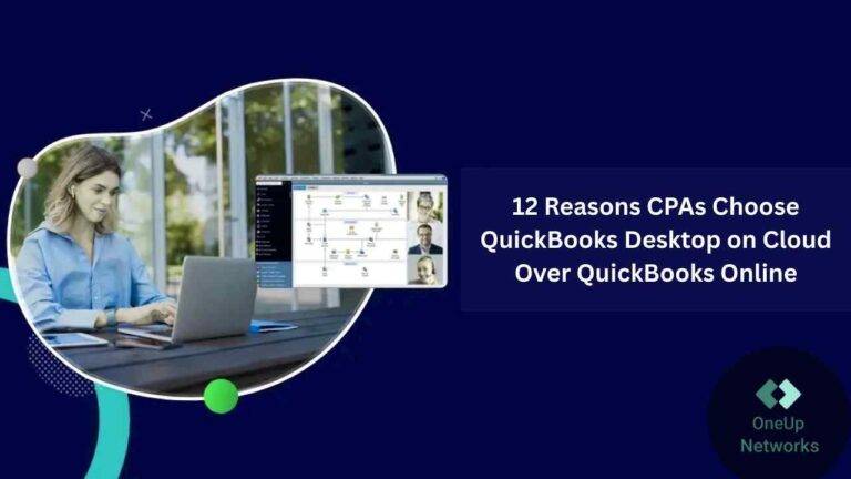 Young woman using a laptop at a wooden desk, facing the screen, with text on the right side reading “12 Reasons CPAs Choose QuickBooks Desktop on Cloud Over QuickBooks Online.