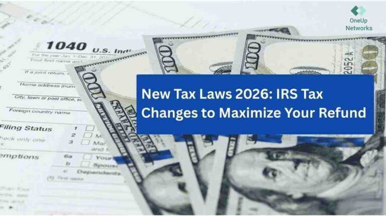 U.S. 1040 tax form with several $100 bills spread across it, overlaid with a blue text box reading “New Tax Laws 2026: IRS Tax Changes to Maximize Your Refund.