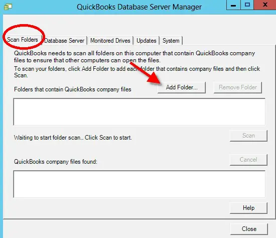 Image is showing how to Scan Company File Folder with QuickBooks Database Server Manager