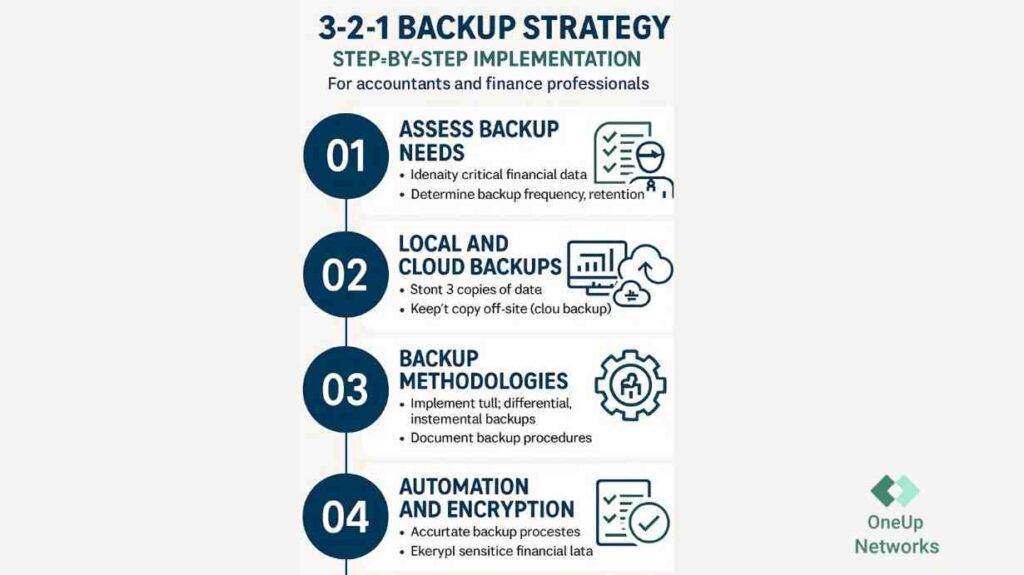 Step-by-step infographic showing how to implement the 3-2-1 backup strategy for accountants and finance professionals, including assessing backup needs, setting up local and cloud backups, choosing backup methods, automating and encrypting backups, and testing restore procedures.