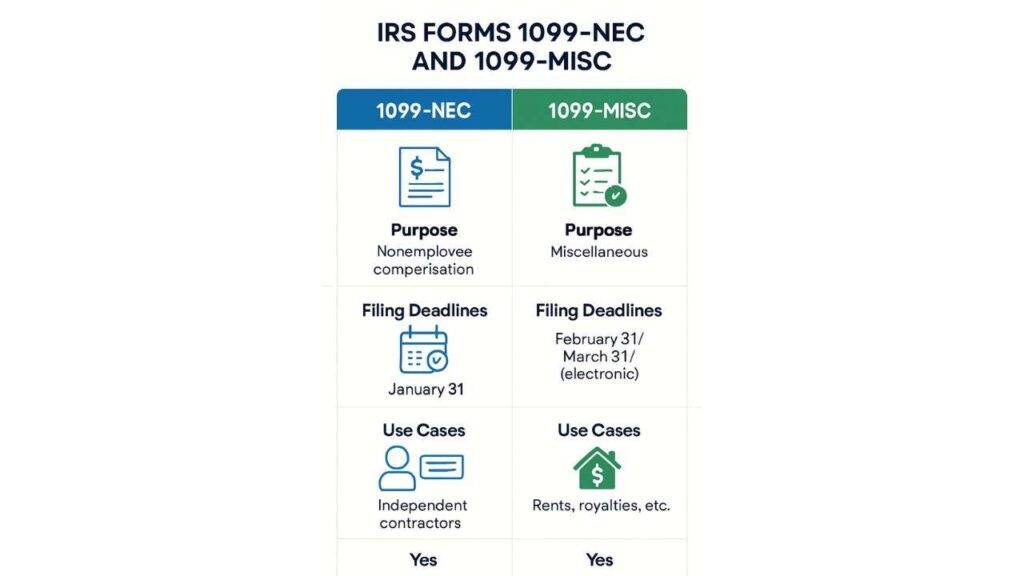 Table summarizing recipient and IRS filing deadlines for Forms 1099-NEC and 1099-MISC for the 2024 tax year, with separate columns for each form and filing method.
