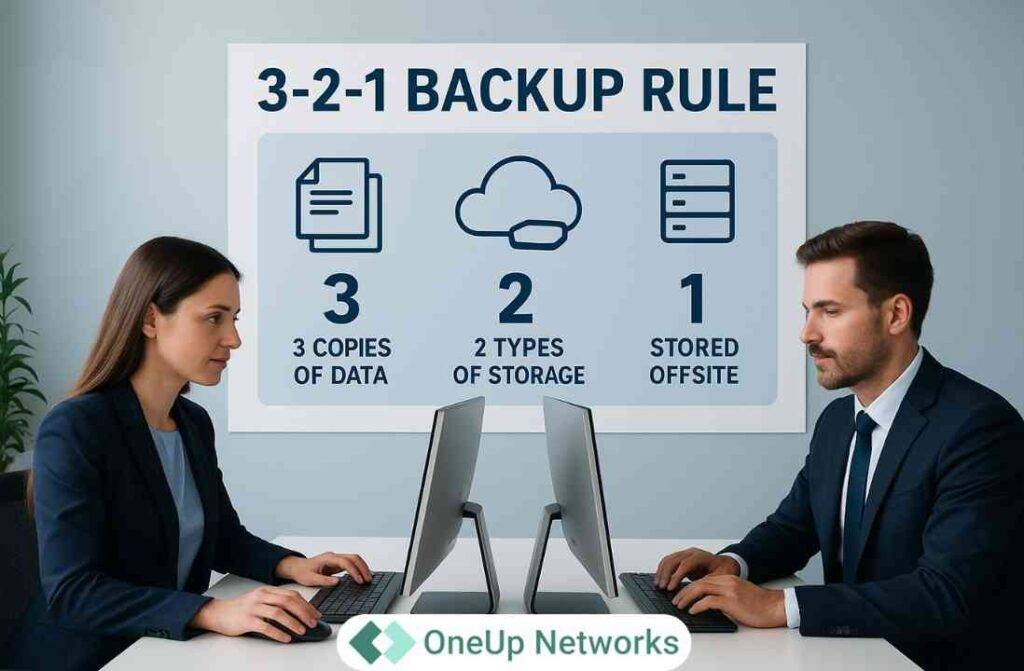 Two professionals working at computers in an office with a wall infographic explaining the 3-2-1 Backup Rule: 3 copies of data, 2 types of storage, 1 stored offsite.