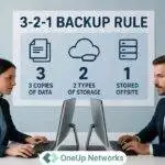 Two professionals working at computers in an office with a wall infographic explaining the 3-2-1 Backup Rule: 3 copies of data, 2 types of storage, 1 stored offsite.