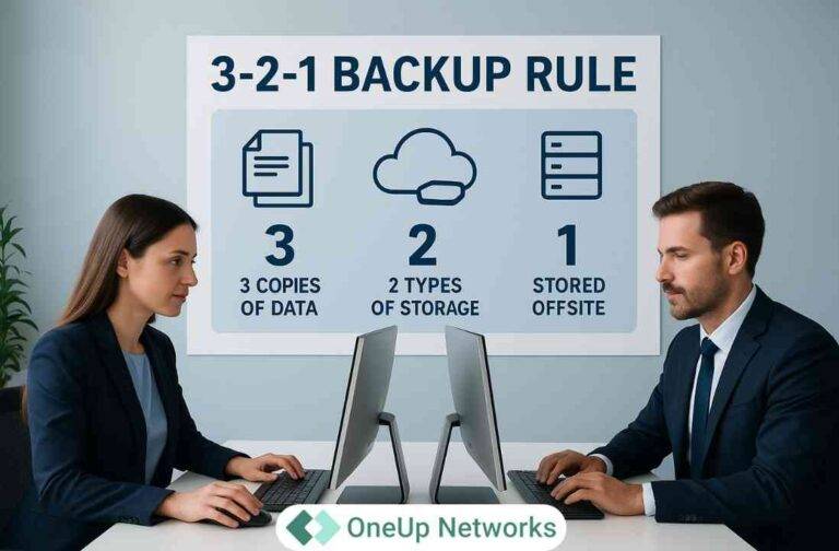 Two professionals working at computers in an office with a wall infographic explaining the 3-2-1 Backup Rule: 3 copies of data, 2 types of storage, 1 stored offsite.