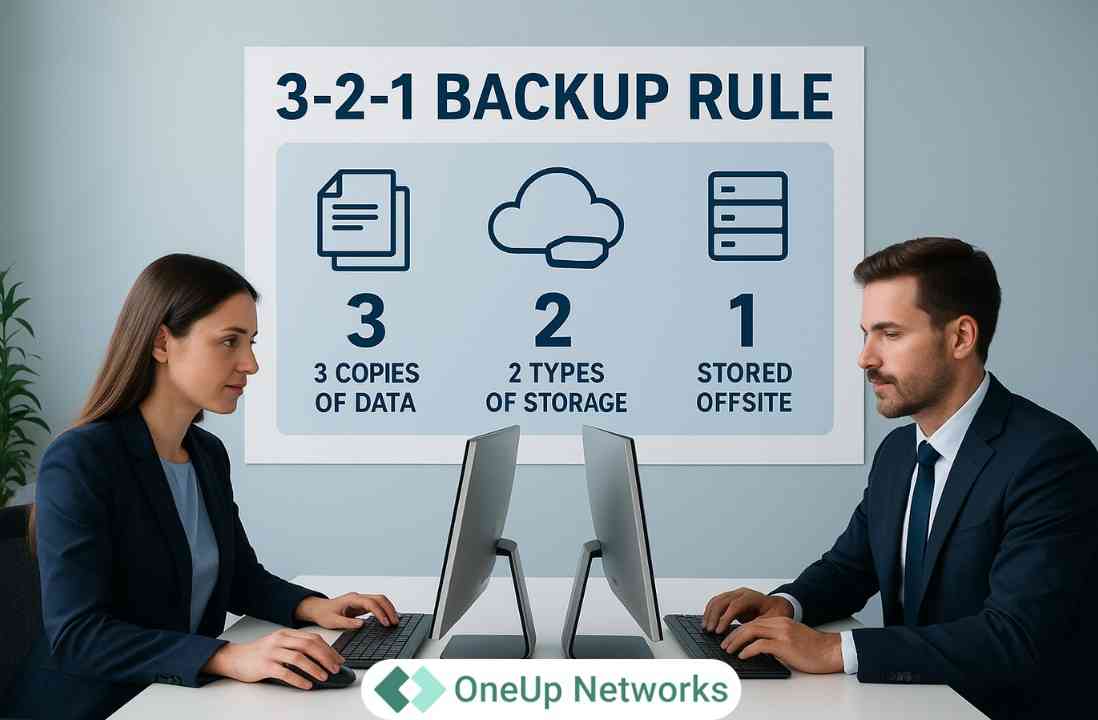 Two professionals working at computers in an office with a wall infographic explaining the 3-2-1 Backup Rule: 3 copies of data, 2 types of storage, 1 stored offsite.