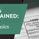 Graphic with the text “1099s Explained: The Basics” on a green background alongside a close-up of a printed 1099-MISC tax form.