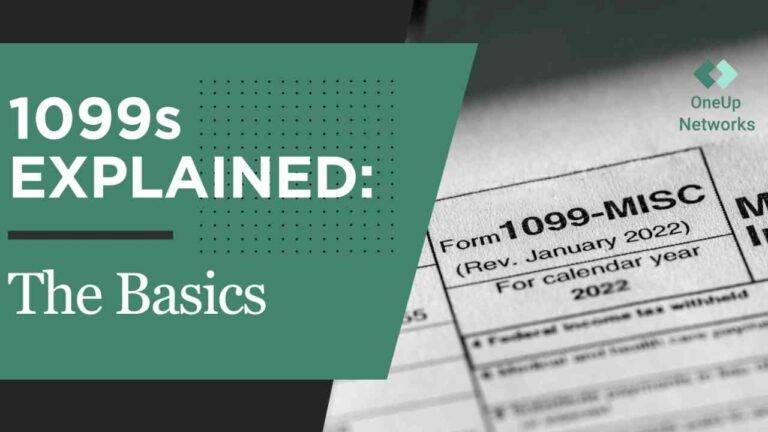 Graphic with the text “1099s Explained: The Basics” on a green background alongside a close-up of a printed 1099-MISC tax form.