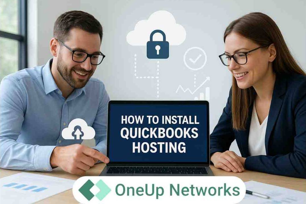 Accountants in a modern office working together on a laptop with QuickBooks Hosting installation displayed on the screen.