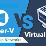 Hyper-V vs VirtualBox logos with OneUp Networks branding.