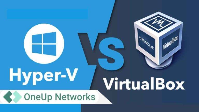 Hyper-V vs VirtualBox logos with OneUp Networks branding.