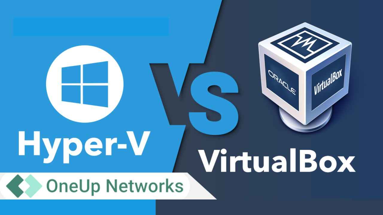 Hyper-V vs VirtualBox logos with OneUp Networks branding.