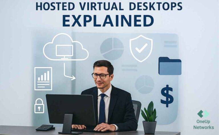 Finance professional using a hosted virtual desktop across laptop, tablet, and smartphone with secure cloud and encryption icons, OneUp Networks logo in the corner.