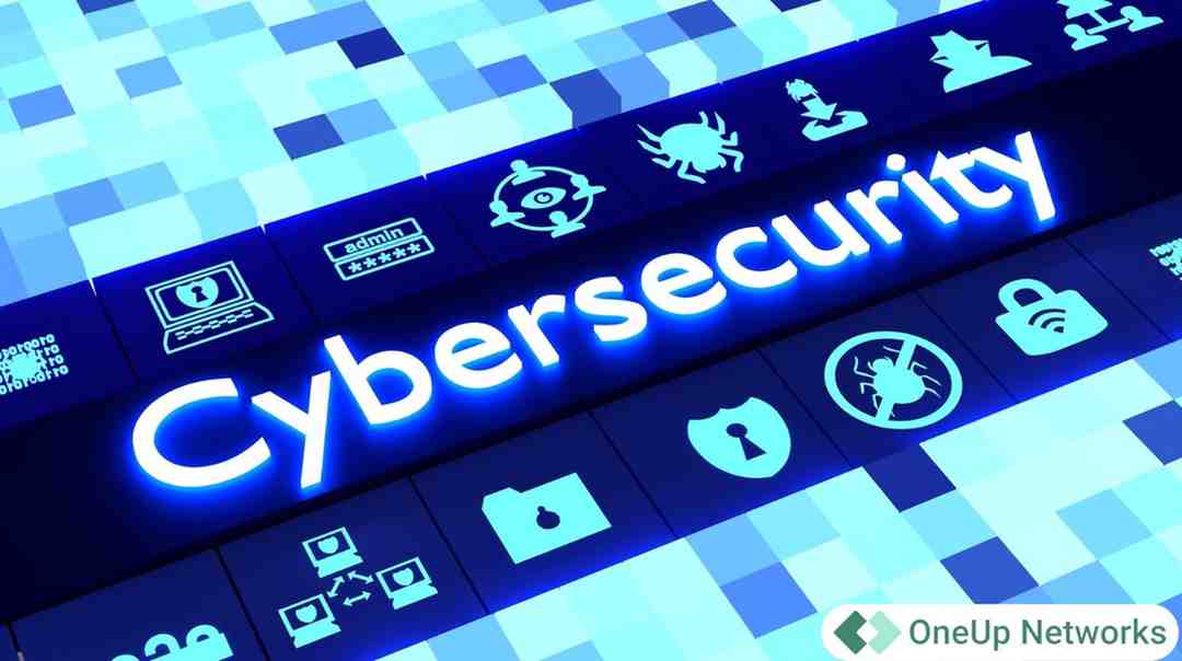 Cybersecurity digital banner with glowing icons and OneUp Networks logo.