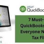 QuickBooks tax filing reports guide with dashboard preview on desktop and OneUp Networks branding.