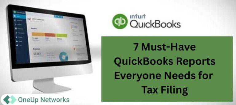 QuickBooks tax filing reports guide with dashboard preview on desktop and OneUp Networks branding.