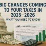 U.S. Capitol building with tax form 1040, money, calculator, and bar chart representing upcoming 2025–2026 tax changes.