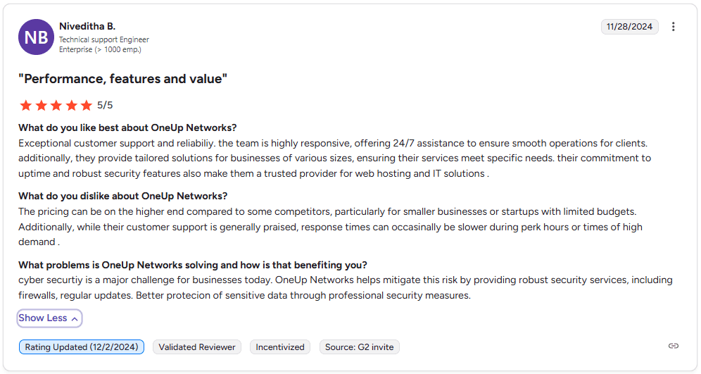 1st G2 review for Oneup networks for Thomson Reuters hosting