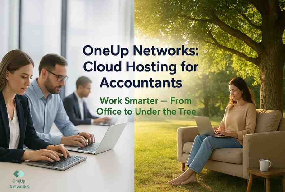 OneUp Networks cloud hosting for accountants – professionals working in the office and remotely under a tree with a laptop.