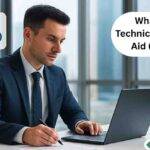 Professional accountant in a modern office working on a laptop with icons of compliance, checklists, and growth charts, alongside text 'What Is a Technical Practice Aid (TPAs)?' and OneUp Networks branding.