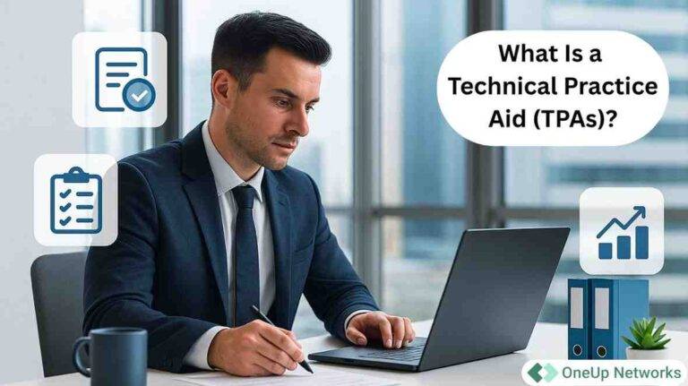 Professional accountant in a modern office working on a laptop with icons of compliance, checklists, and growth charts, alongside text 'What Is a Technical Practice Aid (TPAs)?' and OneUp Networks branding.