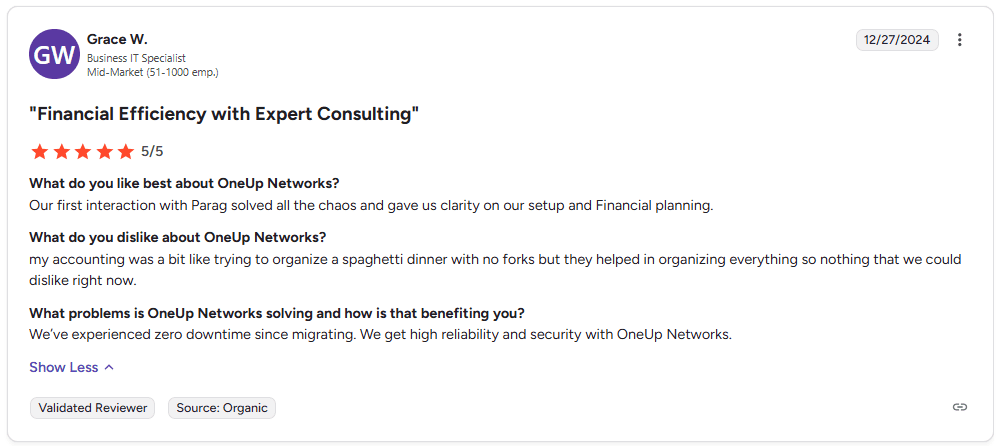 4th G2 review for Oneup networks
