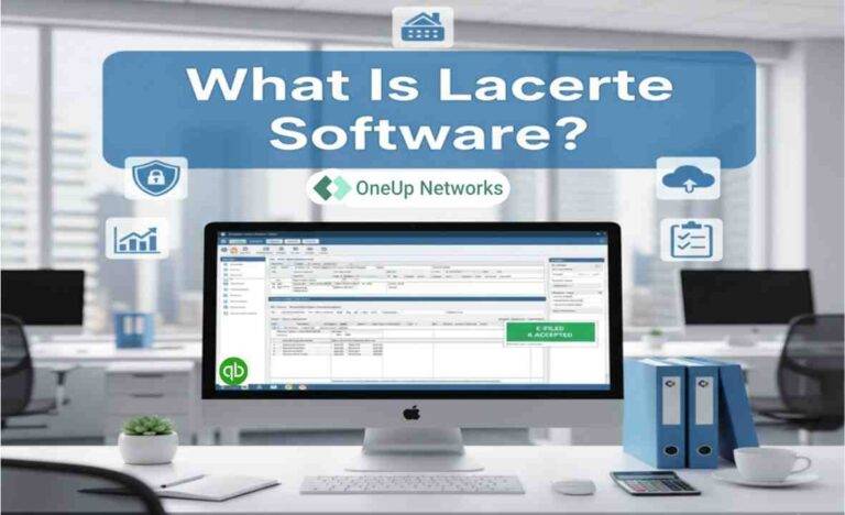 Computer screen showing Lacerte software interface with text 'What is Lacerte Software?' in modern office background