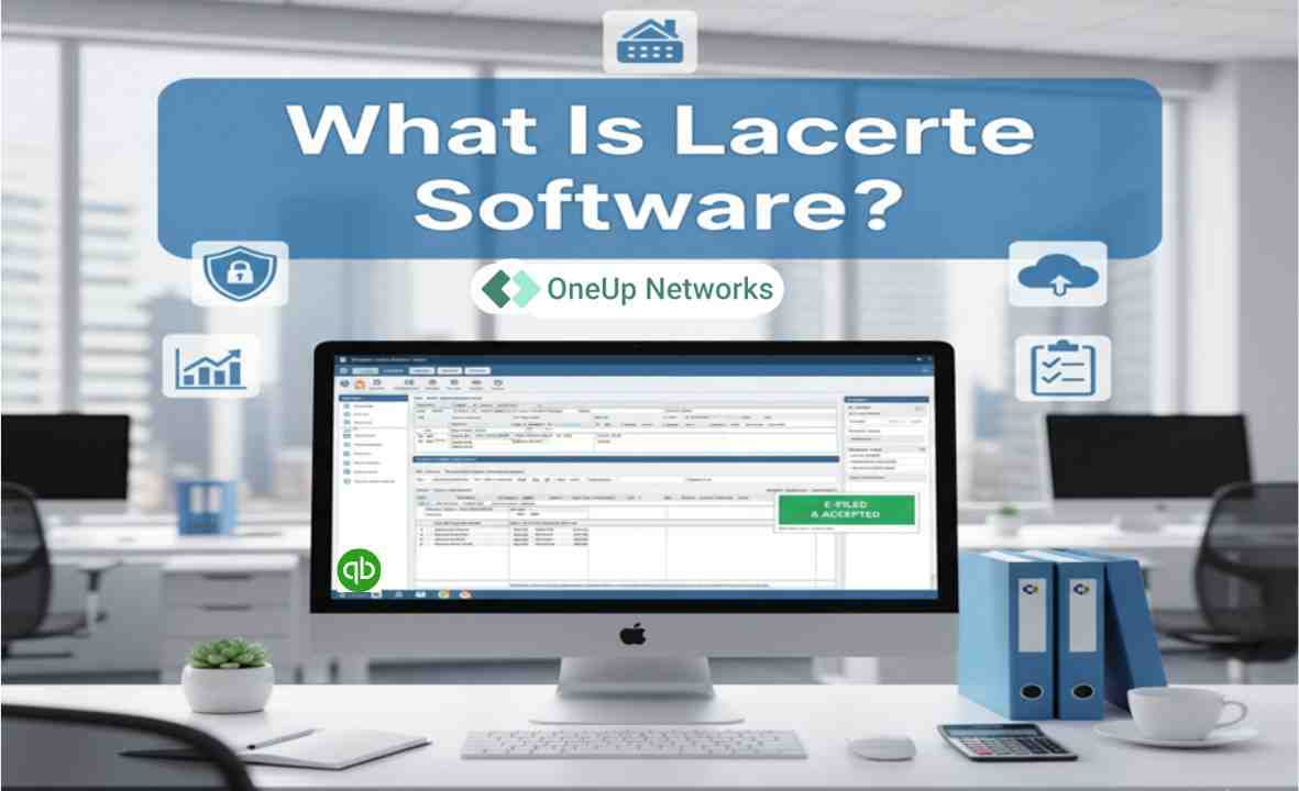 Computer screen showing Lacerte software interface with text 'What is Lacerte Software?' in modern office background