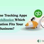 Illustration of a woman with files and a clock beside the QuickBooks logo, with text about top 8 time tracking apps for QuickBooks.