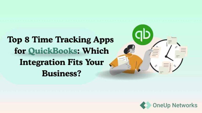 Illustration of a woman with files and a clock beside the QuickBooks logo, with text about top 8 time tracking apps for QuickBooks.