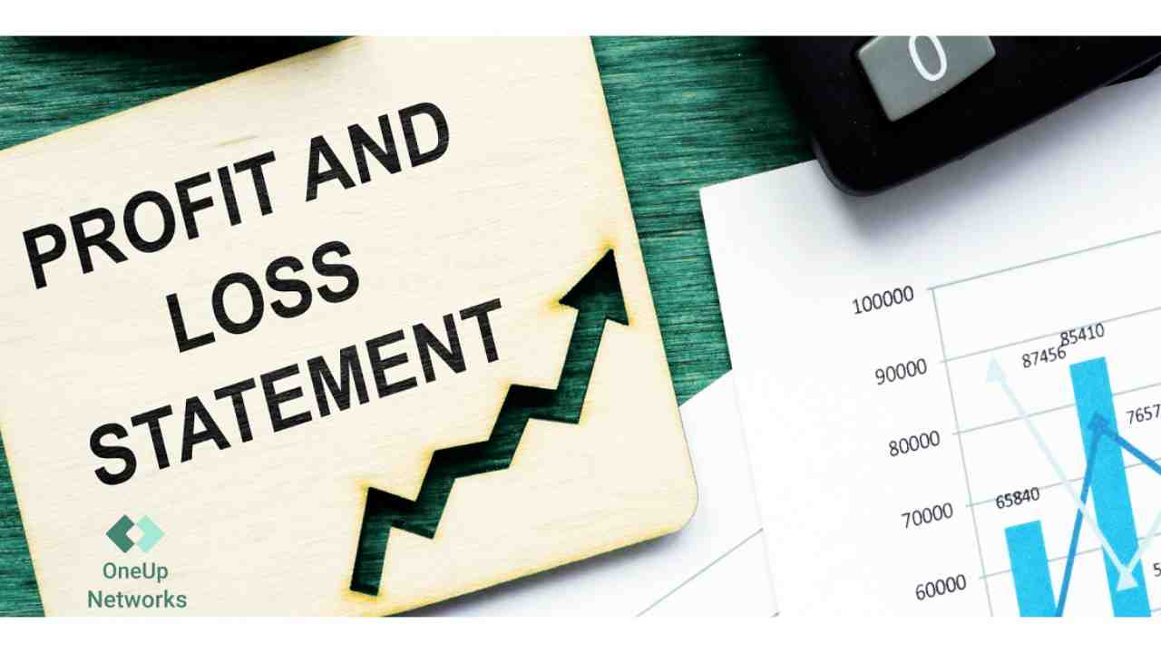 Profit and Loss Statement text with upward arrow and financial charts in background.