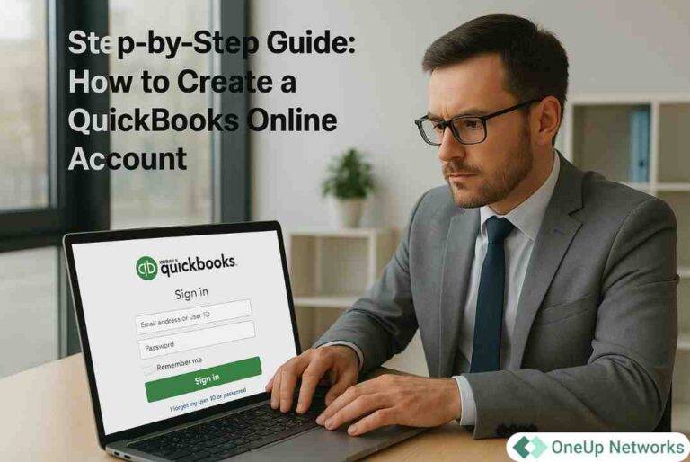 Business professional using laptop to access QuickBooks Online login and create account.