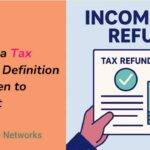 Tax refund definition graphic with hand holding refund form and money illustration, OneUp Networks logo.