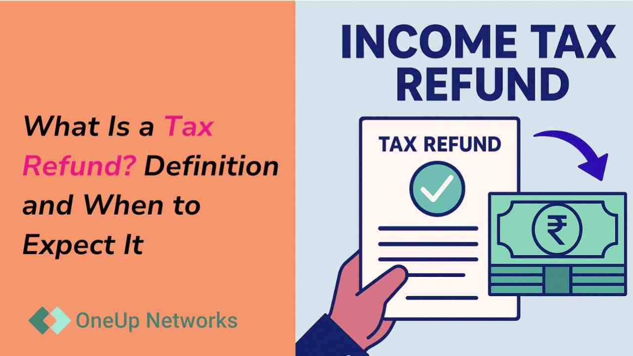 Tax refund definition graphic with hand holding refund form and money illustration, OneUp Networks logo.